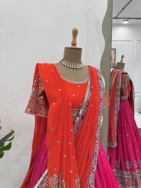 Royal Red  & Rani Look Dual Dupatta Georgette Lehenga Made for the Modern Bride Designer Lehenga Choli