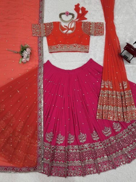 Royal Red  & Rani Look Dual Dupatta Georgette Lehenga Made for the Modern Bride Designer Lehenga Choli