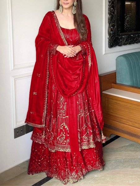 Royal Red Ready to Wear Embroidery Gown with Lehenga and Dupatta at Wholesale Rate for Expoters Designer Lehenga Choli