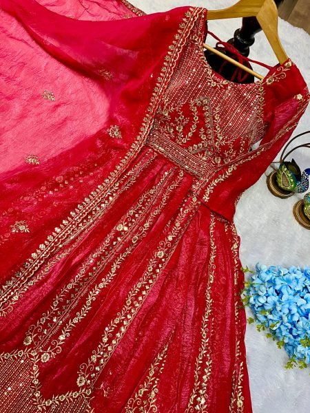 Royal Red Ready to Wear Embroidery Gown with Lehenga and Dupatta at Wholesale Rate for Expoters Designer Lehenga Choli