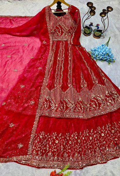 Royal Red Ready to Wear Embroidery Gown with Lehenga and Dupatta at Wholesale Rate for Expoters Designer Lehenga Choli