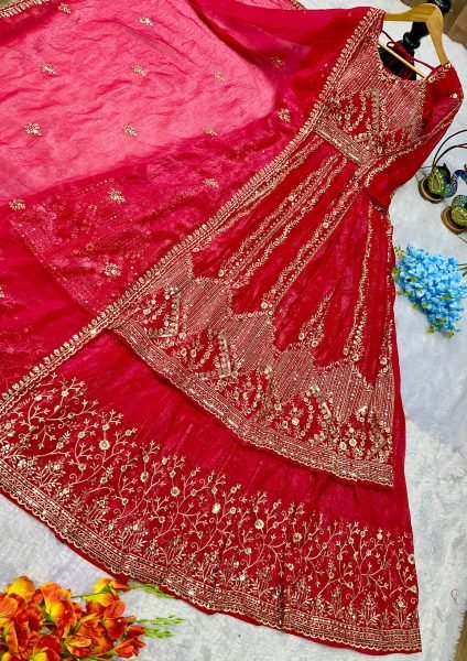 Royal Red Ready to Wear Embroidery Gown with Lehenga and Dupatta at Wholesale Rate for Expoters Designer Lehenga Choli