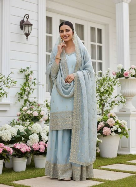 Royal Silk Embroidered Plazzo Suit Set  Ready To Wear Collection