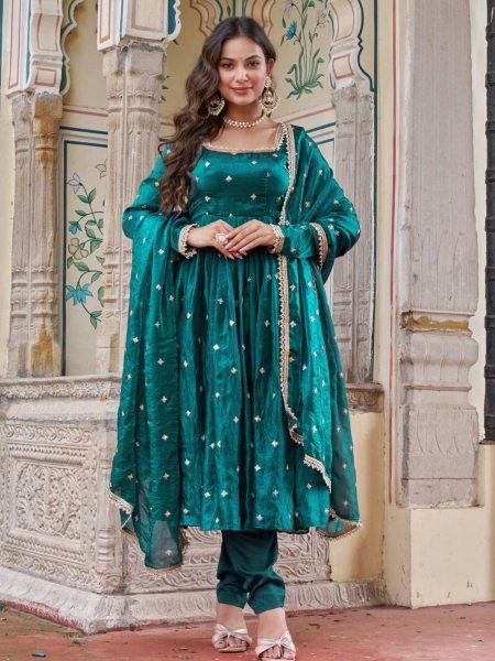 Royal Teal Green Fendi Silk Anarkali Suit with Sequence Embroidery   Dupatta 