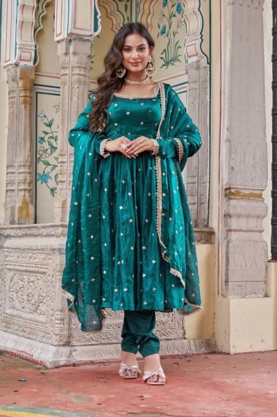 Royal Teal Green Fendi Silk Anarkali Suit with Sequence Embroidery   Dupatta Ready To Wear Collection