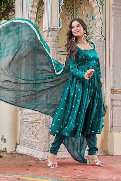 Royal Teal Green Fendi Silk Anarkali Suit with Sequence Embroidery   Dupatta Ready To Wear Collection