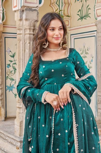 Royal Teal Green Fendi Silk Anarkali Suit with Sequence Embroidery   Dupatta Ready To Wear Collection