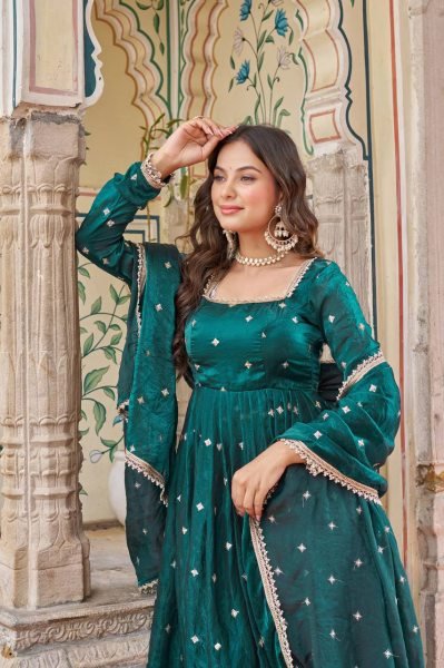 Royal Teal Green Fendi Silk Anarkali Suit with Sequence Embroidery   Dupatta Ready To Wear Collection