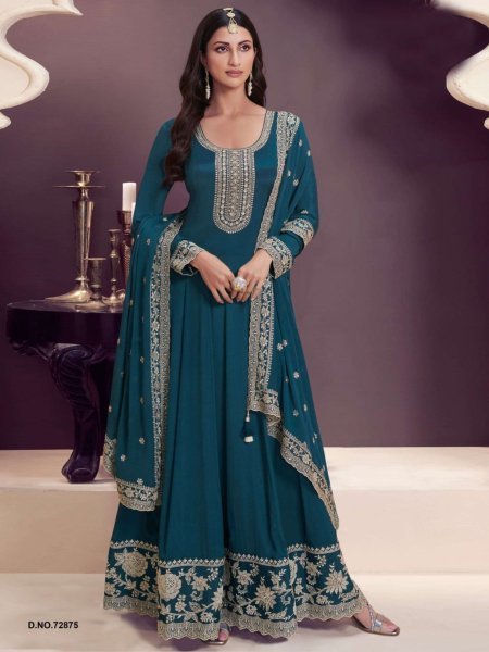 Royal Teal Readywear Chinon Anarkali with Embroidered Dupatta for Festive Evenings Salwar Kameez