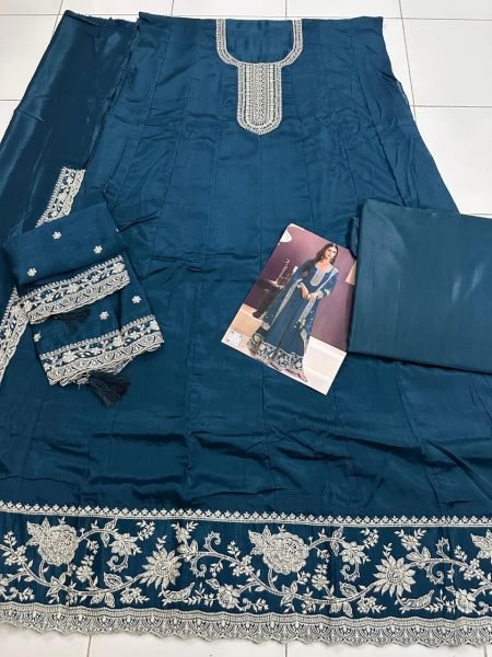 Royal Teal Readywear Chinon Anarkali with Embroidered Dupatta for Festive Evenings Anarakali Gown Wholesale