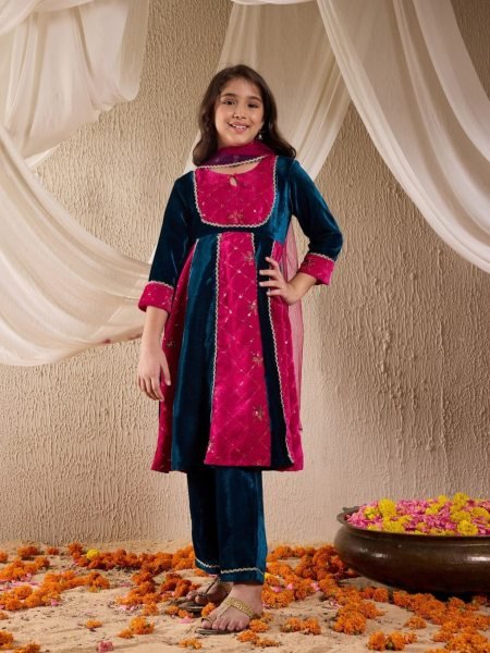 Royal Velvet Embroidered 3 Piece Kurta Pant Set with Dupatta for Winter Function Wear Girls Wear