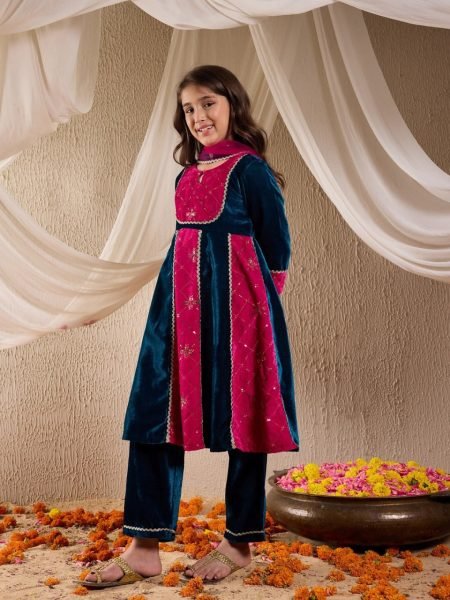 Royal Velvet Embroidered 3 Piece Kurta Pant Set with Dupatta for Winter Function Wear Girls Wear