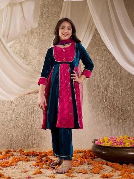 Royal Velvet Embroidered 3 Piece Kurta Pant Set with Dupatta for Winter Function Wear Girls Wear