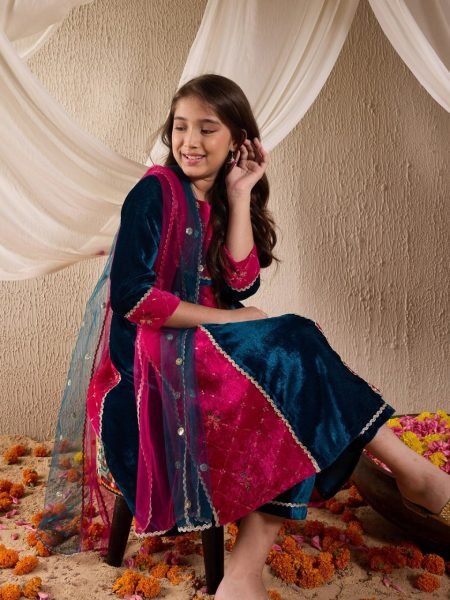 Royal Velvet Embroidered 3 Piece Kurta Pant Set with Dupatta for Winter Function Wear Girls Wear