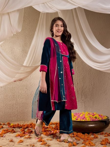Royal Velvet Embroidered 3 Piece Kurta Pant Set with Dupatta for Winter Function Wear Girls Wear