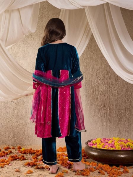 Royal Velvet Embroidered 3 Piece Kurta Pant Set with Dupatta for Winter Function Wear Girls Wear
