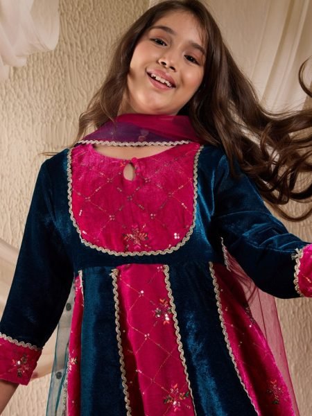 Royal Velvet Embroidered 3 Piece Kurta Pant Set with Dupatta for Winter Function Wear Girls Wear