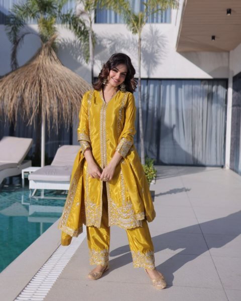 royal vibe Mustered Yellow Sequins Zari Embroidered Kurti Pant Set with Dupatta Ready To Wear Suit