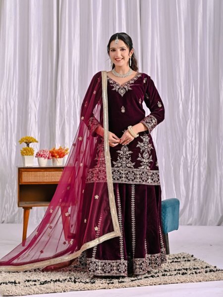 Royal Viscose Velvet Top and Sharara Plazzo Embroidery Sequence   Net Dupatta For Festival Wear  