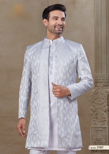 Royal Wedding Jacket Style Kurta Pajama Set for Men Malai Silk Full Set Kurta Pajama Wholesale