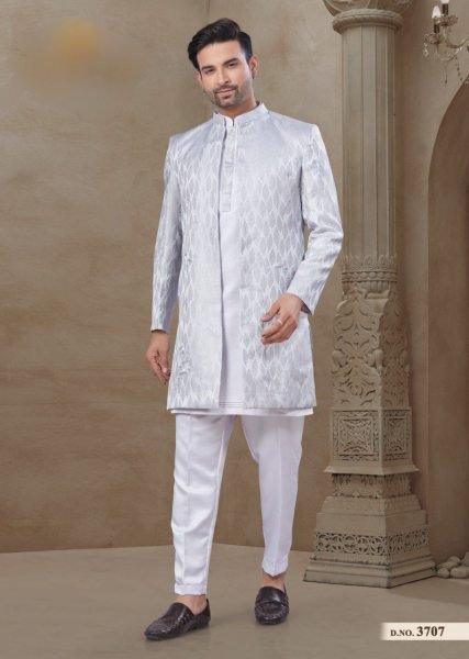 Royal Wedding Jacket Style Kurta Pajama Set for Men Malai Silk Full Set Kurta Pajama Wholesale