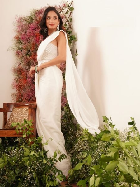 Royal White Georgette Saree with Beaded Pearl Blouse  &  Belt Luxe Partywear Edition Ready To Wear Saree 