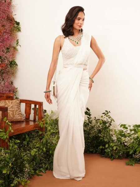 Royal White Georgette Saree with Beaded Pearl Blouse  &  Belt Luxe Partywear Edition Ready To Wear Saree 