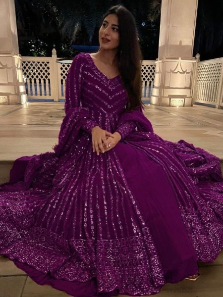 Royal Wine Sequin Lehenga with Layered Dupatta Made for Regal Celebrations