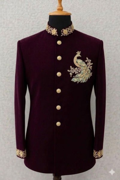 Royal Wine Velvet Jodhpuri Suit with Gold Peacock Embroidery Kurta Pajama Wholesale