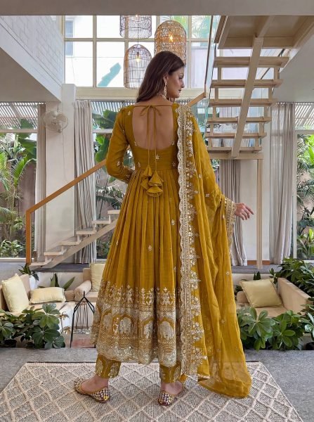 Royal Yellow Crunchy Silk Anarkali Gown Set with Zari Embroidery Work For Wedding Ready To Wear Collection