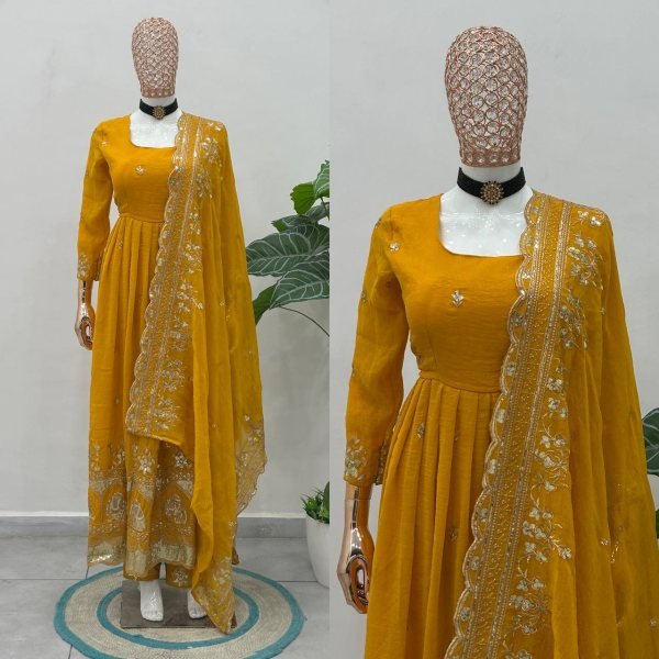 Royal Yellow Crunchy Silk Anarkali Gown Set with Zari Embroidery Work For Wedding Ready To Wear Collection