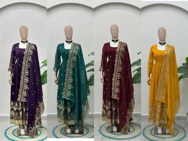 Royal Yellow Crunchy Silk Anarkali Gown Set with Zari Embroidery Work For Wedding Ready To Wear Collection