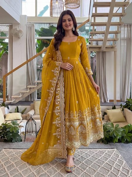 Royal Yellow Crunchy Silk Anarkali Gown Set with Zari Embroidery Work For Wedding Ready To Wear Collection