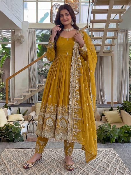 Royal Yellow Crunchy Silk Anarkali Gown Set with Zari Embroidery Work For Wedding Ready To Wear Collection