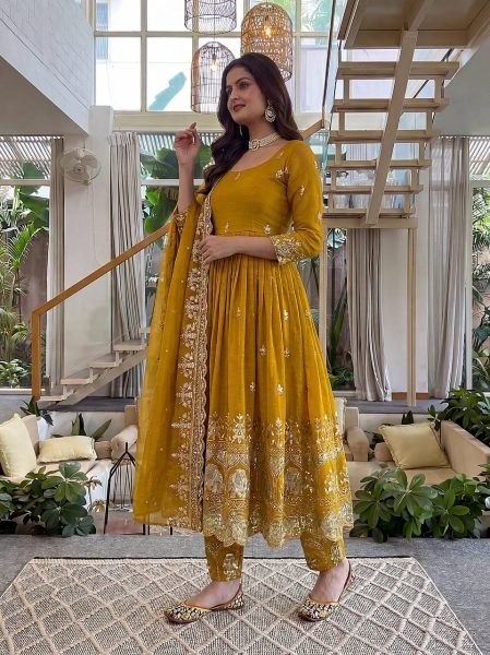 Royal Yellow Crunchy Silk Anarkali Gown Set with Zari Embroidery Work For Wedding Ready To Wear Collection