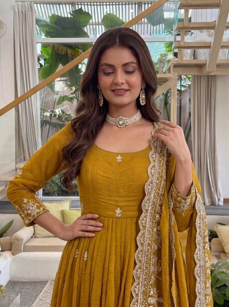 Royal Yellow Crunchy Silk Anarkali Gown Set with Zari Embroidery Work For Wedding Ready To Wear Collection