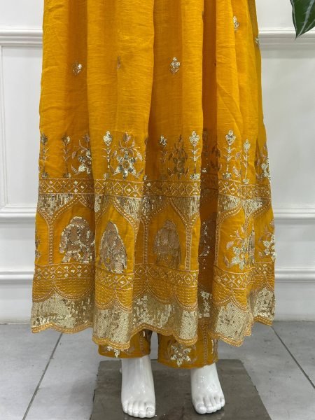 Royal Yellow Crunchy Silk Anarkali Gown Set with Zari Embroidery Work For Wedding Ready To Wear Collection
