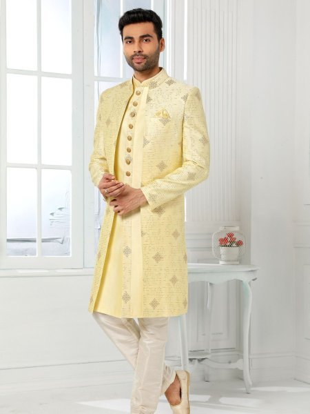 Royal Yellow Designer Jacket Kurta Set for Groom Wear at Wholesale Price Mens Wear