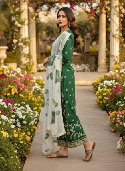 Royalty Green Fully Stitched Fendi Silk Suit Set at Manufacturer Rate for Exporters Embroidery Kurtis 