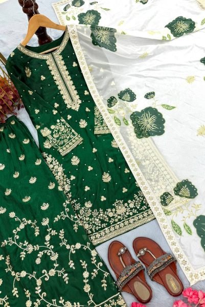 Royalty Green Fully Stitched Fendi Silk Suit Set at Manufacturer Rate for Exporters Embroidery Kurtis 