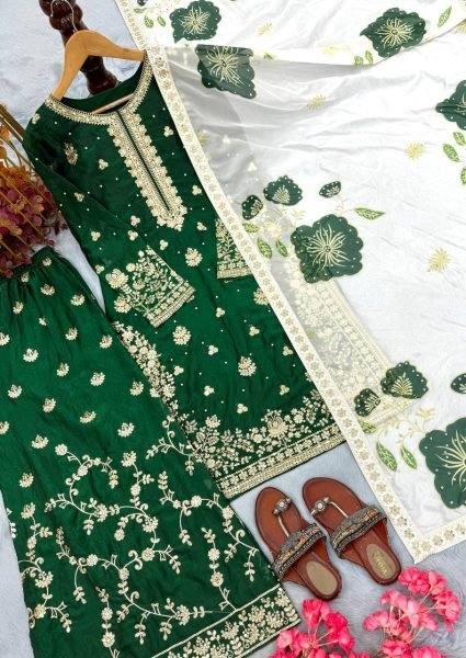 Royalty Green Fully Stitched Fendi Silk Suit Set at Manufacturer Rate for Exporters Embroidery Kurtis 