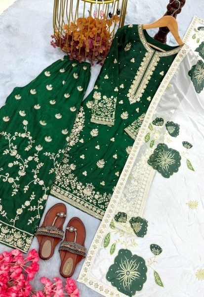 Royalty Green Fully Stitched Fendi Silk Suit Set at Manufacturer Rate for Exporters Embroidery Kurtis 