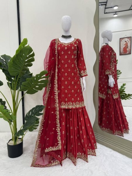Ruby Red Chinon Silk Embroidered Sharara Suit Festive Look at Export Price Ready To Wear Suit