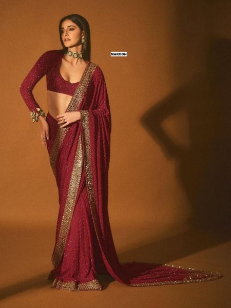Deep Maroon Georgette Sequin Saree At Export Quality for Bollywood Look Sarees 
