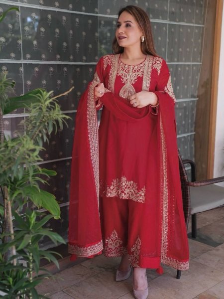 Ruby Red Heavy Chinon Silk Embroidery and Sequins Suit with Dupatta Guest Outfit  Ready To Wear Suit