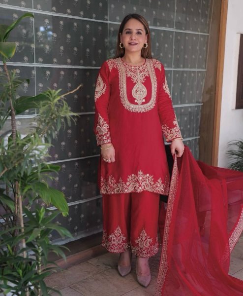 Ruby Red Heavy Chinon Silk Embroidery and Sequins Suit with Dupatta Guest Outfit  Ready To Wear Collection