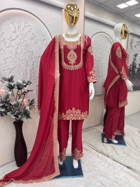 Ruby Red Heavy Chinon Silk Embroidery and Sequins Suit with Dupatta Guest Outfit  Ready To Wear Collection