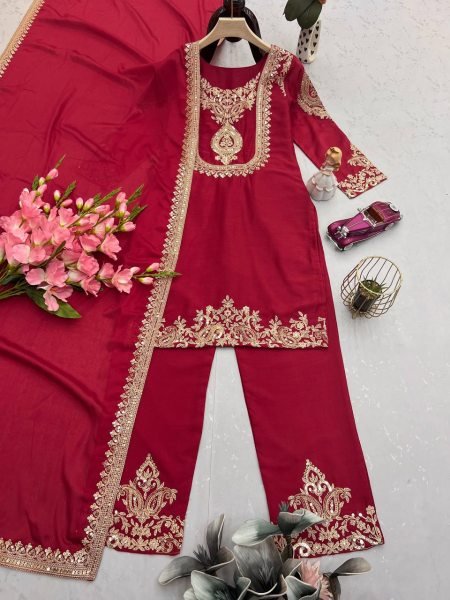 Ruby Red Heavy Chinon Silk Embroidery and Sequins Suit with Dupatta Guest Outfit  Ready To Wear Collection