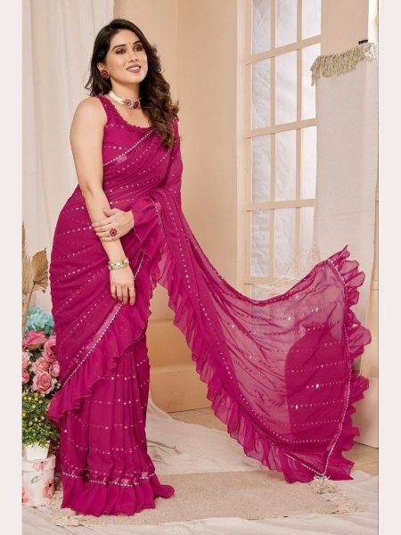 Ruffle Pink Georgette Sarees With Mirror Work  Georgette Sarees Wholesale