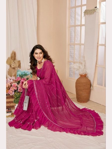 Ruffle Pink Georgette Sarees With Mirror Work  Georgette Sarees Wholesale